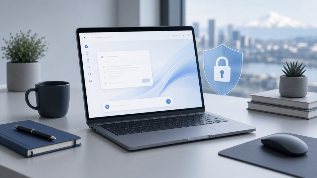 copilot-security-smb-2026 Laptop on a desk with Microsoft 365 Copilot interface and a security shield icon representing Copilot data protection for small business