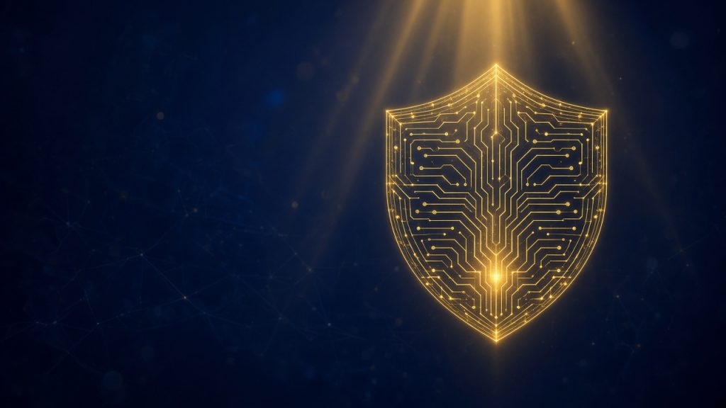 cybersecurity-small-business-2026 Navy and gold circuit shield for small business cybersecurity